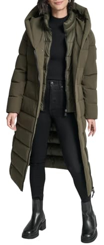 DKNY Women's Maxi Puffer Coat with Bib and Shawl Collar – Long Quilted Winter Jacket, Loden, M