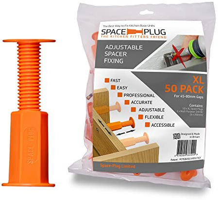 Space-Plug Adjustable Spacer Fixings (XL size for 45-80mm gaps), 50 Pack of Original Orange Spacers, Professional & DIY use for kitchen, bedroom, bathroom & furniture installations