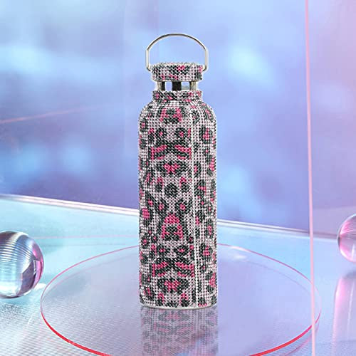 Diamant-Wasserflasche, funkelnde Strass-Isolierflasche, Thermosbecher für heiße Getränke, auslaufsicher (Kette im Lieferumfang enthalten), Leoparden-Pink 750 ml