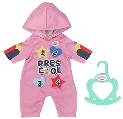 BABY born Kindergarten Einteiler mit Badges, rosa Puppenoverall mit farbigen Aufnähern und Kapuze für 36 cm Puppen, 833537 Zapf Creation | Strampler, Kapuze, bunte Buttons, passend für 36 cm Puppen
