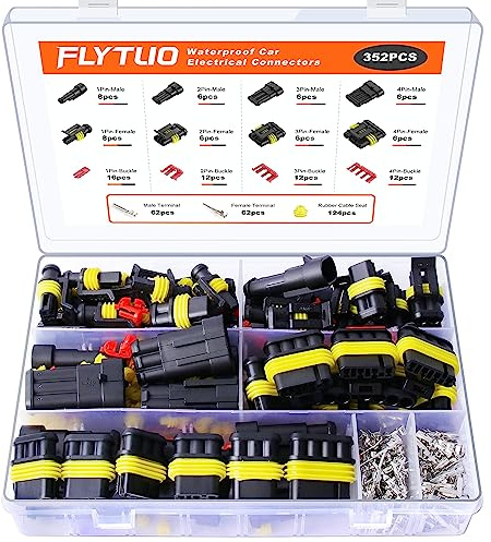 Flytuo 352PCS Automotive Waterproof Car Electrical Wire Connectors Plug Kit, Total 26 Sets Including 1/2/3/4 Pin Male and Female Connectors for Motorcycle, Truck, Car, Boats, Scooter