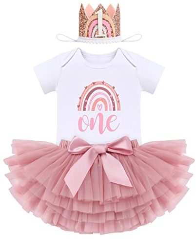 FYMNSI Baby Mädchen Boho Regenbogen 1. Geburtstag Outfit Baumowlle Kurzarm Strampler Body Tütü Tüll Rock Mini Krone Hut Erster Geburtstag 1 Jahr Alt Party Fotoshooting Bekleidungsset Dunkelrosa
