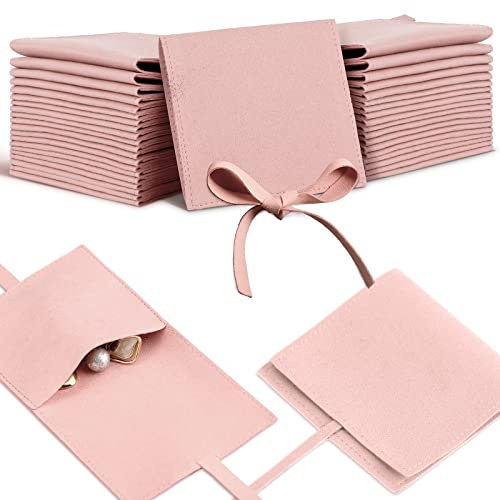Lothee 40 Pcs Microfiber Jewelry Pouch 8x8 Cm with Bow Tie,Pink