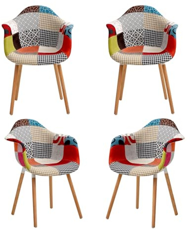 GrandCA HOME 4er-Set Sessel mit Patchwork-Stoffkissen Esszimmerstühle Holzbeine für Küche, Wohnzimmer,Rot A5