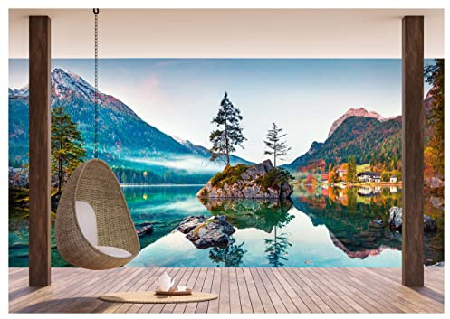 wandmotiv24 Fototapete Ausblick Berge Wald Himmel See, XL 350 x 245 cm - 7 Teile, Wanddeko, Wandbild, Wandtapete, Pergola Hängesessel Holz Teekanne Tasse M6855