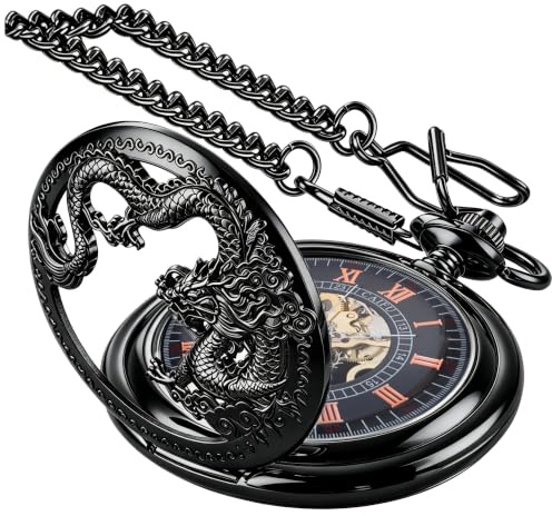 Mechanical Hand Wind Pocket Watch Roman Numerals Steampunk with Chain Box