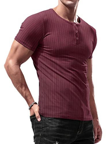 Lehmanlin Män Bomull Henley Shirt Slim Fit Långärmad Casual Muscle T-Shirt, Tröja Män Långärmad Muskel Skjorta Muskel Skjorta, 0/röd-kort, M