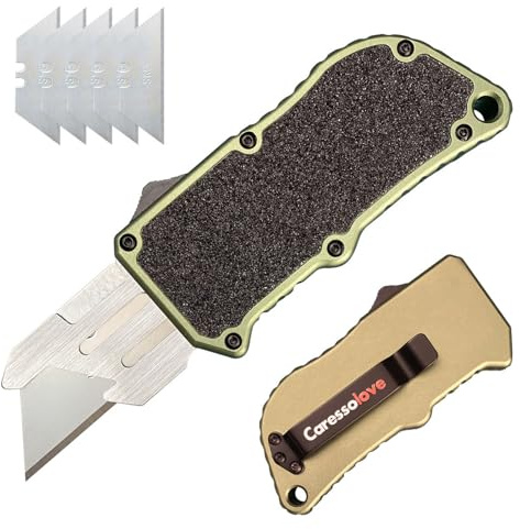 𝗖𝗮𝗿𝗲𝘀𝘀𝗼𝗹𝗼𝘃𝗲 Automatic Utility Knife, Aviation Aluminium Changeable Blade Box Cutter, Double Action Auto Retractable Razor Knife, Out The Front Automatic Pocket Knife With 5pcs Spare Blades
