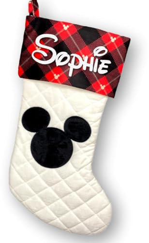 Disney Weihnachtsstrumpf, personalisierbar, Micky Maus, Urlaubsdekoration, gesteppt, Büffelkaro, versteckte Minnie-Ohren, Andenken, Geschenk, Heimdekoration mit individuellem Namen
