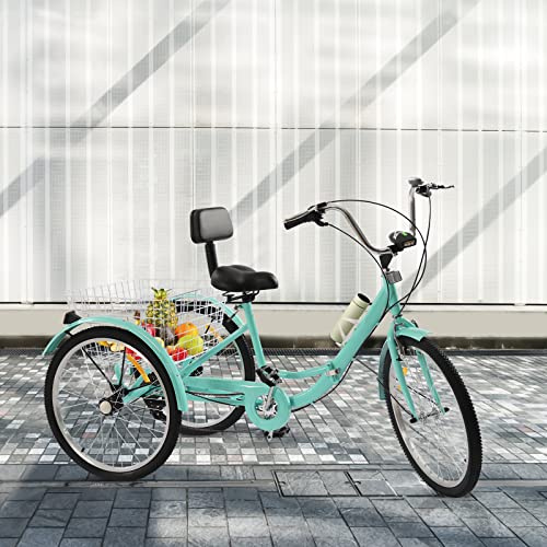 Dreirad Erwachsene, 24 Zoll 7 Gänge Trike Cruise, Klappbar Fahrrad, Dreirad Für Erwachsene, Lastenfahrrad, Seniorenrad, 3 Rädern, Mit LED Licht,Einkaufskorb, für Unterhaltung, Einkaufen (Türkis)