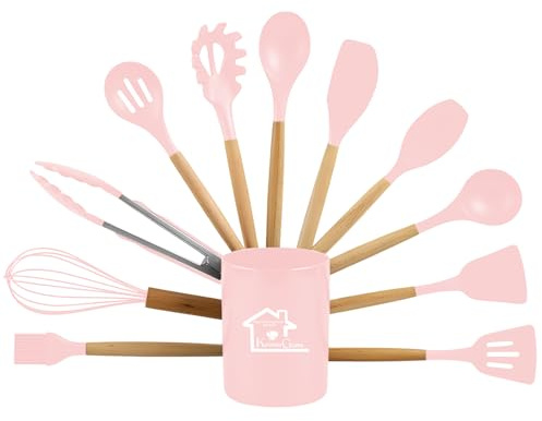 AEX Lot de 12 ustensiles de cuisine en silicone anti-adhésif avec support, poignée en bois résistant à la chaleur (rose)