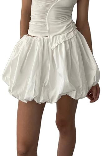 Springcmy Women Y2k Bubble Skirt High Elastic Waist Ruffle Flared Mini Skirts Layered Pleated Balloon Puffball Short Skirts (A-White, XL)