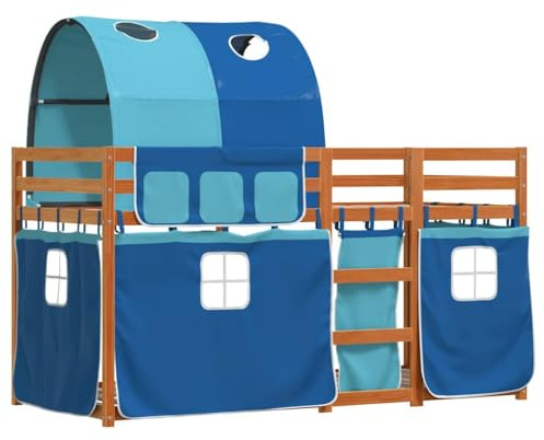 vidaXL Etagenbett, Kinderbett mit Vorhängen Leiter, Hochbett Spielbett für Kinder ab 6 Jahren, Doppel Stockbett Bett, Blau 90x190cm Massivholz Kiefer