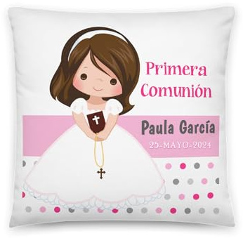 Kembilove Cojin Personalizado Primera Comunion - Regalos Comunion niña - Comunion niño Detalles - Recuerdos de Comunion - Regalos Comunion para Invitados - Niña Lunares Rosa