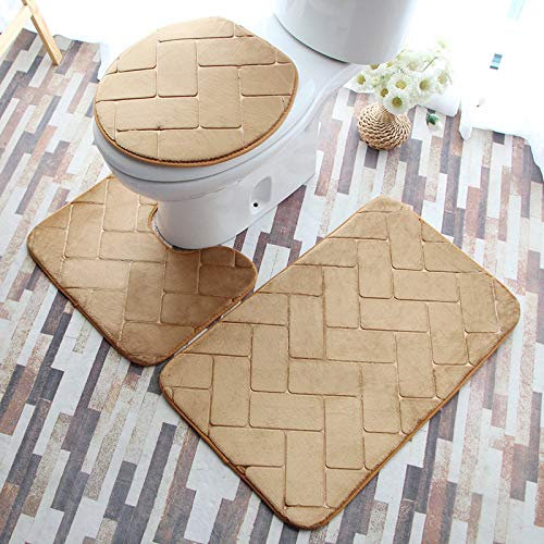 Bad Teppiche Set Gelbe Geometrie Badezimmerteppich Waschbar WC Vorleger mit Ausschnitt und WC Deckelbezug 3 Teilig Badematte rutschfest Toilettensitzbezug Badgarnitur 50x80 cm