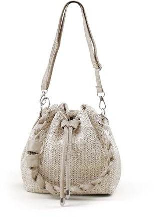 AdiStylinno Stroh-Strandtasche für Damen, geflochtene Kordelzug-Eimertasche mit abnehmbarem Schultergurt, zarte Stroh-Handtasche, Schultertaschen für Urlaub, Strand, khaki, 18 x 12 x 16 cm / 7 x 4.7 x