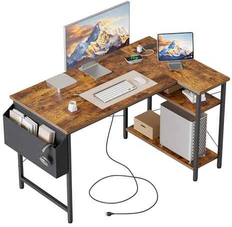 Mericonia Reversible Corner Desk, w. Power Outlets, 100x70cm, Brown | Reversible Design, L-shaped desk with Bag, Height-adjustable Shelf, Gaming computer desk for home & office