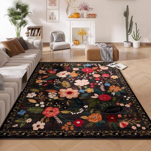 ARRITS Teppich Schlafzimmer 100x120 cm Schwarz, Weicher Vintage Boho Blumen Teppich Teppich rutschfest Waschbar Rechteckiger Kurzflor Teppich, Bettvorleger Teppich Wohnzimmer Kinderzimmer Home Deko