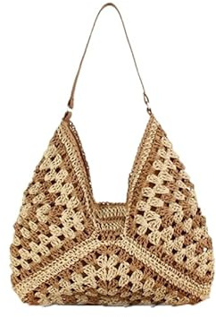 fdsmall Stroh Strandtasche für Frauen Sommer Strandtasche Große Mode Umhängetasche Strohs Handgewebte Handtaschen Top Griff Handtasche Stroh Geldbörse (Light Brown)