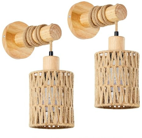WMDMJT Aplique Rattan Boho, Lámpara de Pared Colgante Mimbre, Lámpara Laternas Madera Rústica, Set de 2 para Dormitorio, Sala Estar, Pasillo, Entrada, Decoración Granja,B