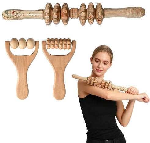3 Stück Faszienrolle Holz, Faszienstab mit Griff, Massageroller für Rücken, Cellulite und Mehr, Muskelentspannung, Körperformung, Lindert Müdigkeit, Ideal für Zuhause, Büro und Reisen