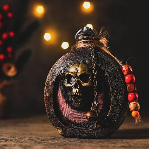 Décoration d'Halloween en forme de squelette de pirate - Bouteille de rhum de pirate avec tête de mort - Portable - Gravée pour Halloween - Flasque en acier inoxydable - Ornement en résine pour boire