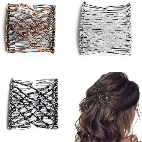 KEQAR 3 PCS Magic Hair Comb, Elastic Beaded Hair Comb, Stretchable Hair Clip, Double Hair Clip, Magical Hair Clip, Hairstyling Aid