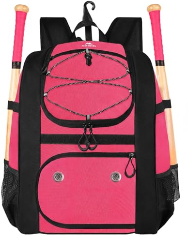 MATEIN Softball Bag for Girls, Girls Baseball Backpack, Baseball Equipment Bags Fit T-Ball Bat & Helmet, Sports Backpack with Fence Hook & Shoe Compartment, Softball Gifts for Youth, Pink