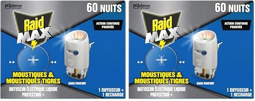 Raid Max Diffuseur Électrique Liquide - Moustiques et Moustiques Tigres 60 Nuits - 1 Diffuseur et 1 Recharge - Sans Parfum (Lot de 2)