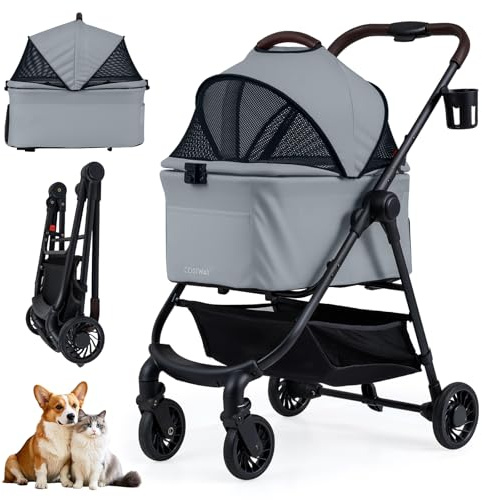 COSTWAY 3 en 1 Poussette pour Chien Chat Pliable, Auvent Réglable, Panier de Rangement, Poches, Porte-Gobelet, Chariot pour Chien Chat à 4 Roues, Laisse de Sécurité, Coussin Amovible (Gris,Style 13)