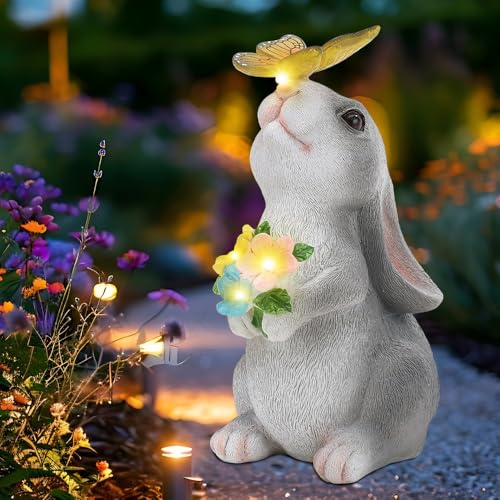 RNPKZ Solar Rabbit Garden Ornaments Outdoor, Waterproof Garden Lights, Gardens Bunny Figurine Decor with Butterflies and Flowers, Solar Rabbit Figures, Solars Lights Decorations for Patio, Lawn, Yard