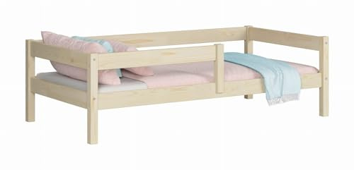 KOBI Kinderbett 120x60 cm, mit Geländer - Primo Holzbodenbett aus natürlichem Kiefernholz