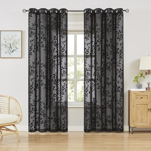 Schwarz Gardine mit Blattmuster Schlafzimmer Vorhänge Transparent H245cm | 2er Set, Vorhang Transparente, Voile Gardinen, Gardinen mit Ösen, für Schlafzimmer Wohnzimmer Esszimmer Schiebetür