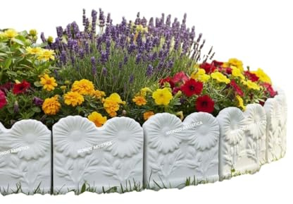 MONDO ARTISTICA Bordura per Aiuola da Giardino, 5 Pezzi da 29x36 cm, Totale 145 cm, Cordolo Decorativo con Motivo Floreale In Cemento Bianco