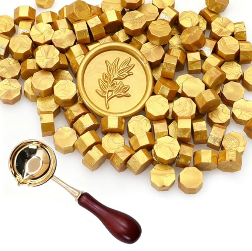 300 st guld åttakantiga vaxpärlor med sked för vaxsigill, vaxsigillstämpelkit för bröllopsinbjudningar, vykort, presentförpackning, hantverk, gör-det-själv
