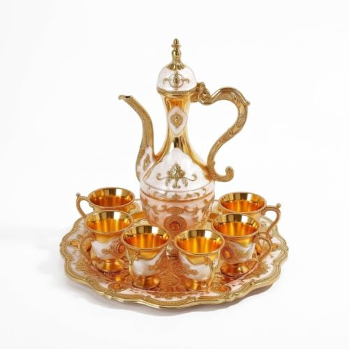 PETSOLA Juego Té Árabe Dorado Juego Té con Banja corativo Tetera con Tazas para Comedor, Blanco
