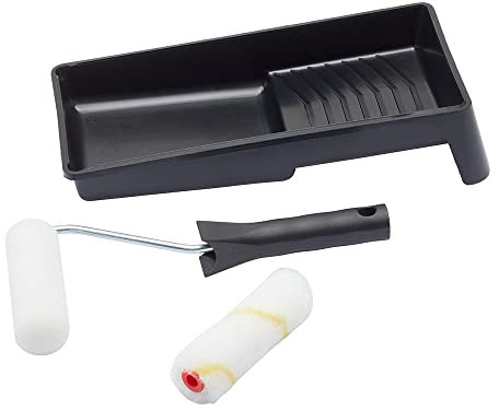 Set di 4 rulli Fit For The Job per pittura a emulsione, lucida, satinata, rullo piccolo e vassoio per pitturare pareti, soffitti, legno, metallo, set di rulli da 100 mm, rullo e vassoio