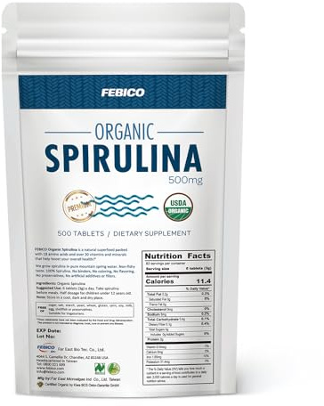 FEBICO Organic Spirulina Tablets- 250 Grams, 83 Days Supply- Natural Multivitamin, Protein, Phycocyanin, Vitamin B Complex, GLA, Vegan, Superfood, Non-GMO, USDA, Naturland and Halal Certified