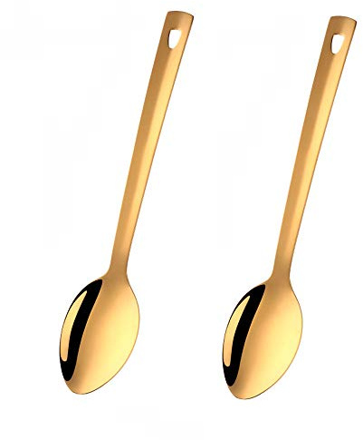 SBOMHS Serveringssked kökssked rostfritt stål 2 stycken långt handtag grönsakssked längd 33 cm, bredd 7 cm omrörningssked hällsked för kök guld