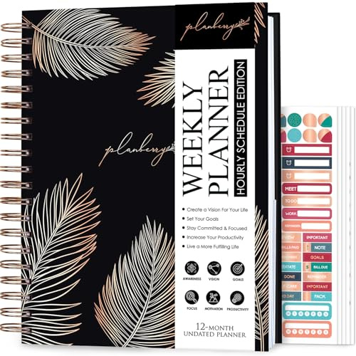 PLANBERRY Wochenplaner, groß – 20,3 x 26,1 cm, eleganter Stundenplan & Budgetplaner für Zeitmanagement – Organizer & Produktivitätstagebuch – Hardcover, undatiert + Aufkleber (Onyx Schwarz)