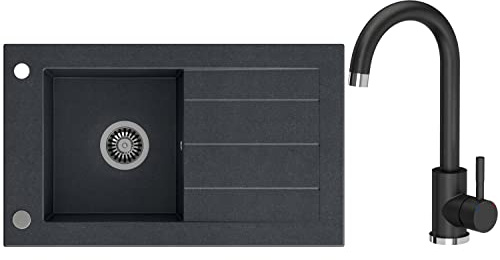 VBChome Spülbecken Premium 77x46 mit Armatur Schwarz Granitspüle Spüle Einbauspüle Abtropffläche Einzelbecken mit Siphon Fleckenabweisend Pflegeleicht Modernes Modell