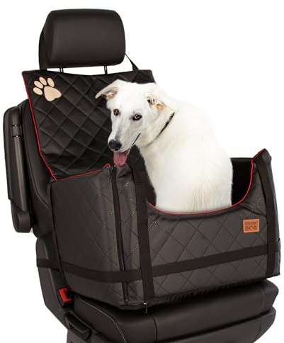 Golden Dog - Transportbox Hund mit Sicherheitsgurt M-52x44x33 cm - Leder Imitation Autositz Hund, Wasserdicht Hundesitz Auto - Beifahrersitz Hundebox Faltbar - Anschnallgurt Hundekorb Auto Schwarz