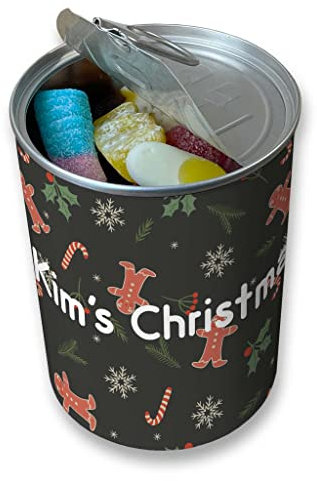 Personalised Pick & Mix Sweets Tin Can with Gingerbread Man, Birthday Present, Novelty Christmas Stocking Filler Gift (Large)