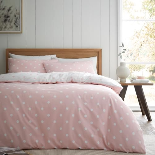 Catherine Lansfield Parure de lit Double réversible en Coton brossé à Pois Rose avec taies d'oreiller