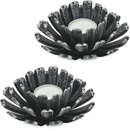 Relaxdays Tealight Holder, Set of 2, Flower Shape, Candle Stand, Cast Iron, Indoors & Outdoors, HxØ 6 x 13.5 cm, Silver