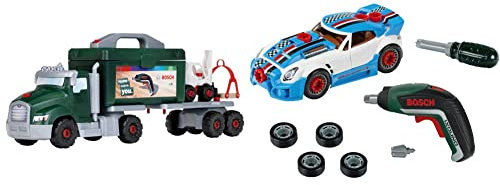 Theo Klein 8640 Bosch Schraubtruck Spiel-Set mit Ixolino I Konstruktions-Spielzeug & 8630 Bosch Car Tuning-Set | Zerlegbares Auto mit Tuning Zubehör | Mit batteriebetriebenem Akkuschrauber