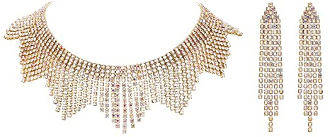EVER FAITH Strass Quaste Schmuck-Set, Funkelnde Kristall Fransen Kette Choker Halskette Kronleuchter Ohrringe Set Klar Gold-Ton