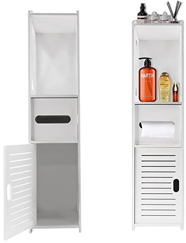 Weiß Hochschrank Schmal Kleines Badschrank Badezimmerschrank mit 4 Etagen, Badezimmer Aufbewahrungseinheit, Wasserdichte Badschrank Mehrzweck Freistehender Badezimmer-Aufbewahrungsschrank, 80x18x20cm