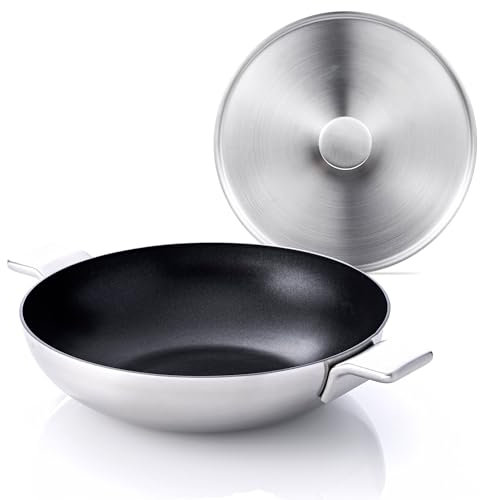 MasterPRO Alessi - 28 cm Wok-Set mit Deckel - aus Edelstahl - innen antihaftbeschichtet, schwarz - Edelstahlgriff - Induktionsgeeignet