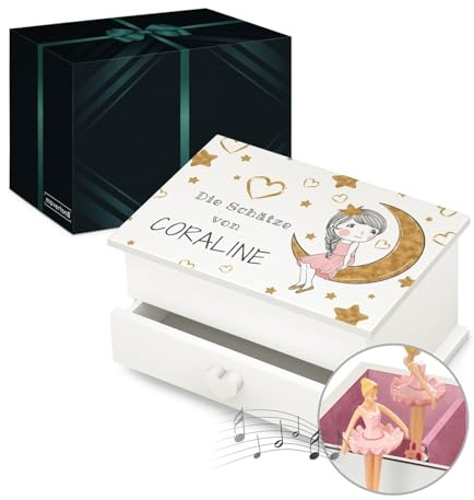 Maverton personalisierte Musik Schmuckdose mit Aufzieh-Spieluhr - Schmuckkästchen Ballerina - Musikspieldose für Mädchen zur Geburt - zum Geburtstag - Weihnachtsgeschenke - mit Schublade - Mond